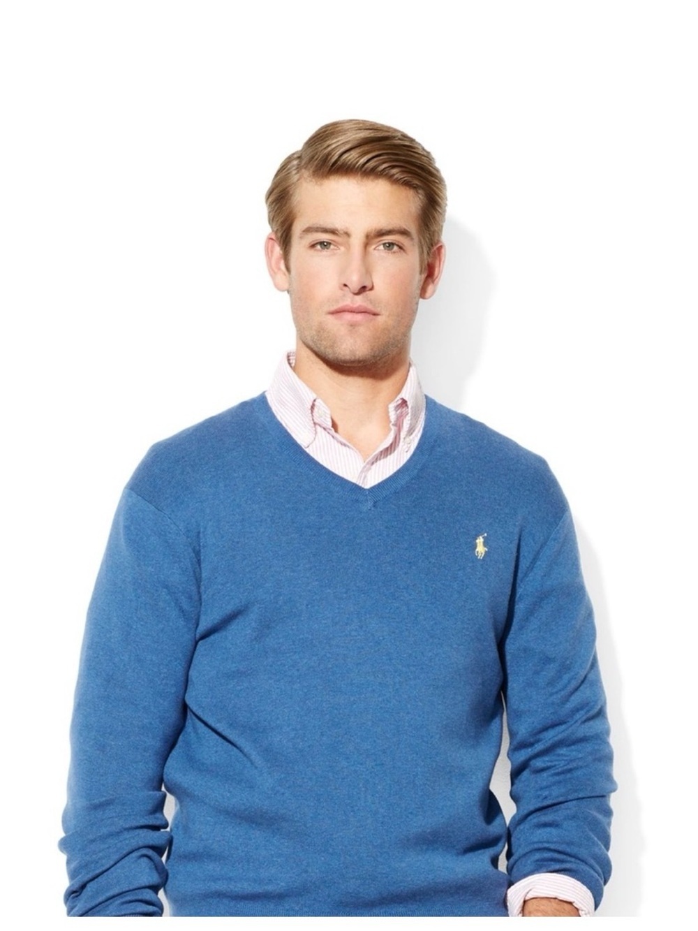 Polo by Ralph Lauren Men's V-Neck Sweater in Blue with Yellow Pony